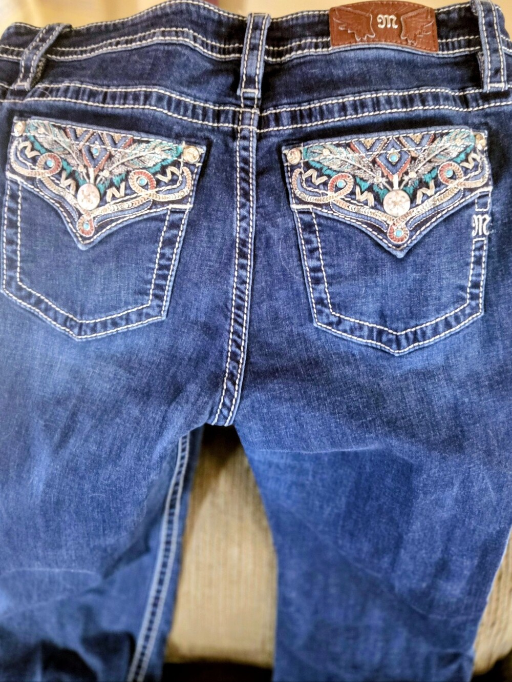 Miss Me Dark Blue Boot Cut Jeans with Turquoise & Coral Embroidered Pockets